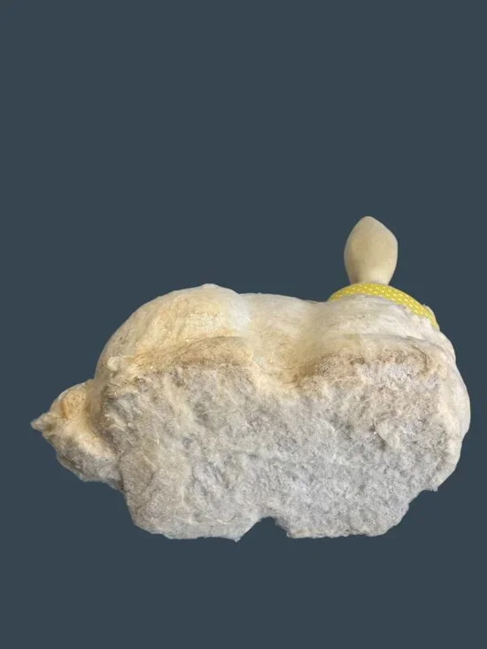 Vintage Flocked Easter Bunny Rabbit Yellow Ribbon 8" Decor Spring Display Worn - Picture 4 of 9